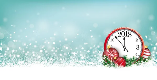 Cyan Weihnachtskarte Header Schneeflocken Uhr 2018 — Stockvektor
