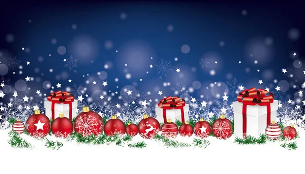 Weihnachtskarte Header Nacht blaue Schneeflocken Christbaumkugeln Geschenke — Stockvektor
