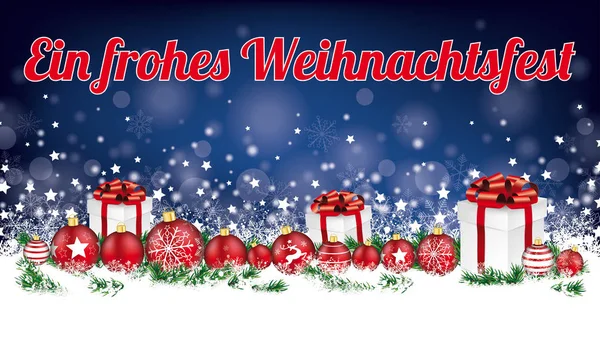 Biglietto di Natale intestazione notte blu fiocchi di neve Baubles Frohes Weihn — Vettoriale Stock