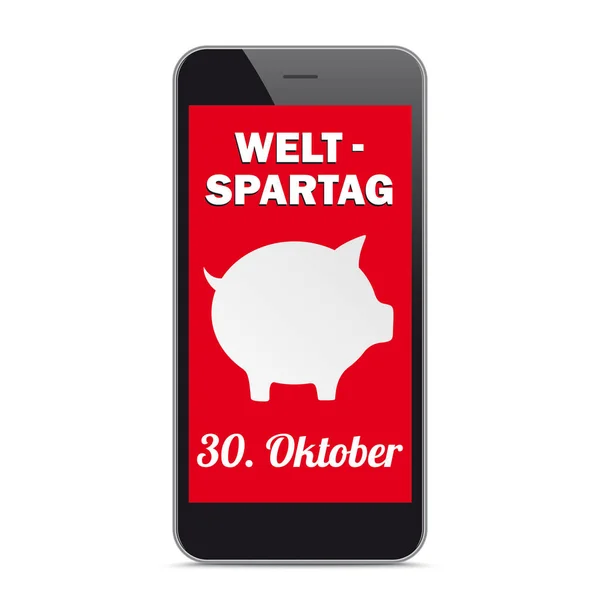 Czarny smartfon Czerwony ekran Piggy Bank Weltspartag 30 października — Wektor stockowy