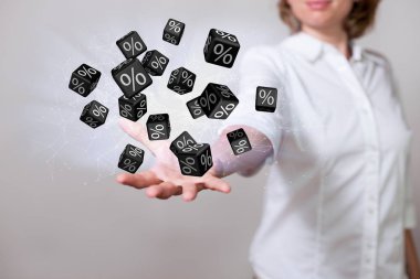 Woman with black percent cubes over the hand. clipart