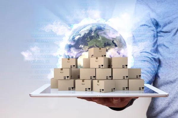 Man Parcels Tablet Globe Backdrop — Stock Photo, Image