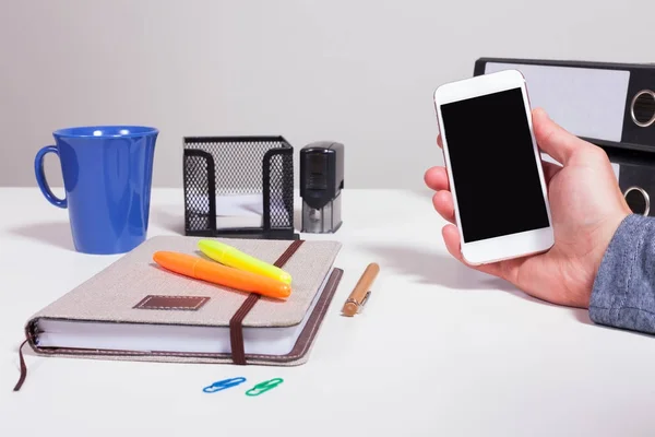 Hand Smartphone Office Table Folders Notebook — Stock Photo, Image