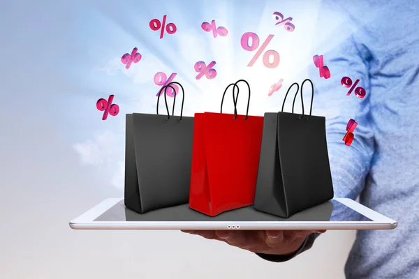 Mano Umana Con Tablet Shopping Bag Percentuali Rosse — Foto Stock