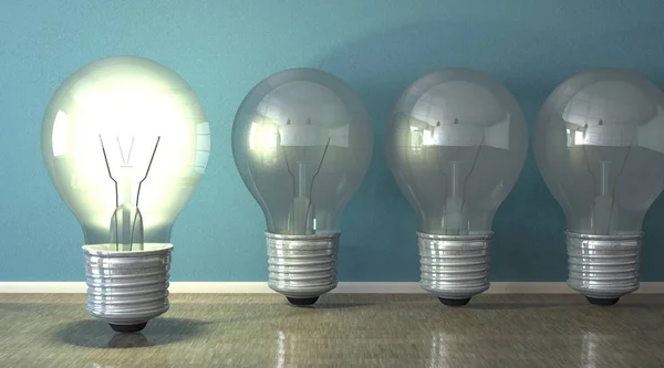 Idea bulbs in the room. 3d illustration.