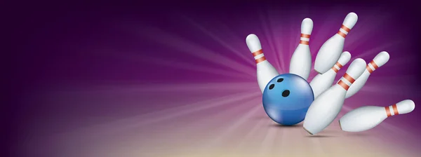 Падаючі Білі Дев Ять Шпильок Синя Куля Боулінгу Фіолетовому Фоні — стоковий вектор
