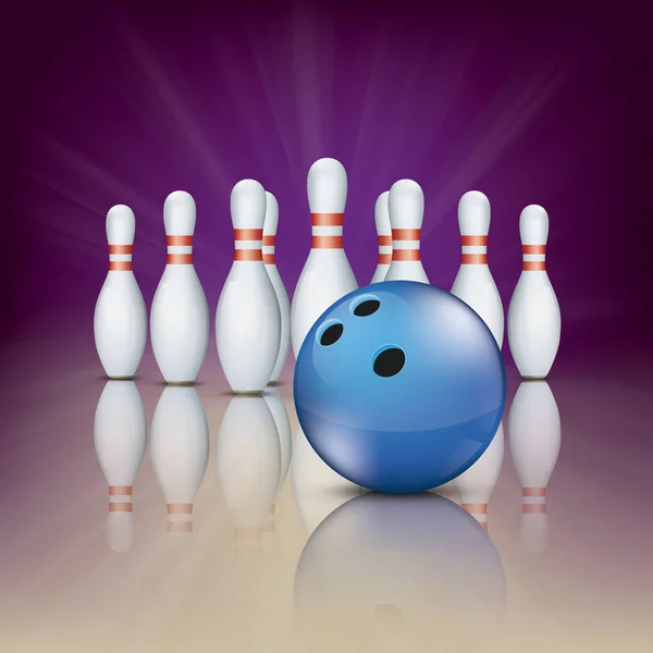 Weiße Kegel Und Bowlingball Blaue Kugel Auf Lila Hintergrund — Stockvektor