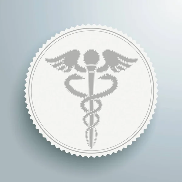 Emblema Papel Blanco Con Signo Esculapio Blanco Sobre Fondo Gris — Vector de stock