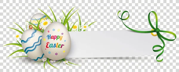 Easter Eggs Grass Flowers Paper Banner Green Ribbon — Stock Vector