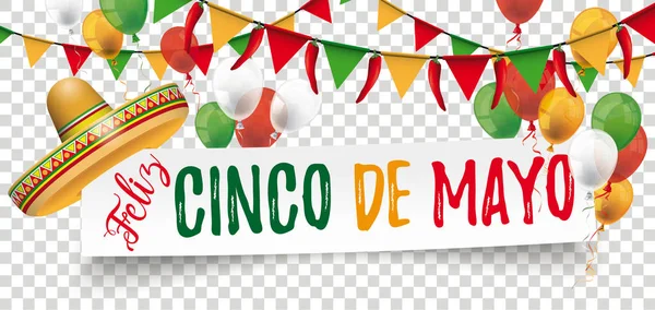 Sombrero Globos Banderas Pancarta Papel Con Texto Feliz Cinco Mayo — Vector de stock