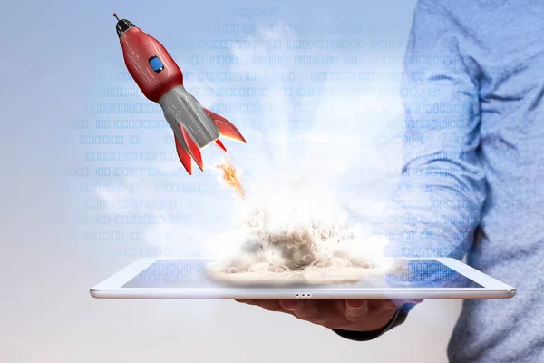 Mans Hand Tablet Starting Digital Rocket — Stock Photo, Image