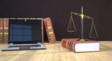 Beam balance with law books and notebook on the wooden table. 3d illustration.  clipart