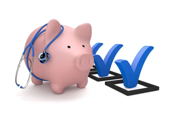 Piggy Bank Rosa Com Estetoscópio Azul Checklist Branco — Fotografia de Stock