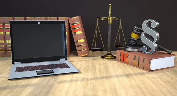 Laptop Met Wetboeken Lichtbundel Evenwicht Hamer Lid Illustratie — Stockfoto