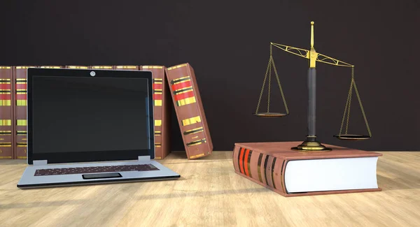 Beam balance with law books and notebook on the wooden table. 3d illustration.