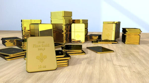 Gold Bullions Fából Készült Asztal Illusztráció — Stock Fotó
