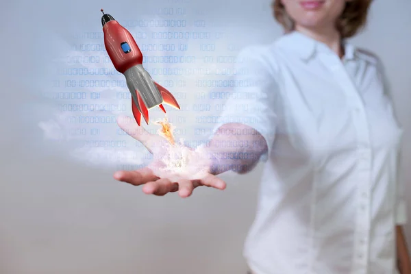 Kvinnans Hand Med Data Och Röda Start Raket — Stockfoto