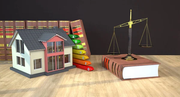 Casa Com Passe Energia Escala Feixe Livros Direito Sobre Mesa — Fotografia de Stock