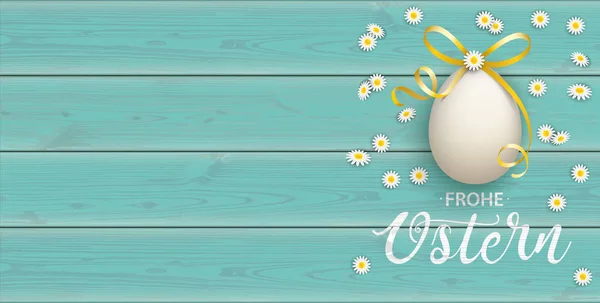 Ostern Easter Egg Bow Wooden Daisy Turquoise Planks Header — Stock Vector