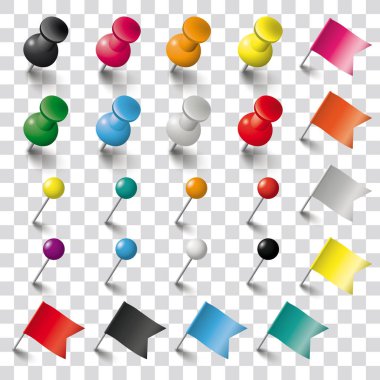 Colored pins, flags and tacks on the checked background. Eps 10 vector file. clipart