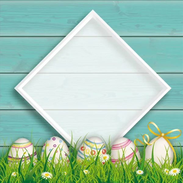 Wielkanocne jaja cyjan drewno pastelowych biała ramka — Wektor stockowy