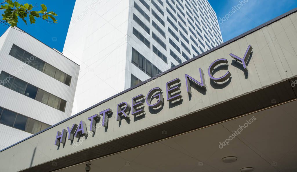 A Hyatt Regency sign in Minneapolis, Minnesota, USA.