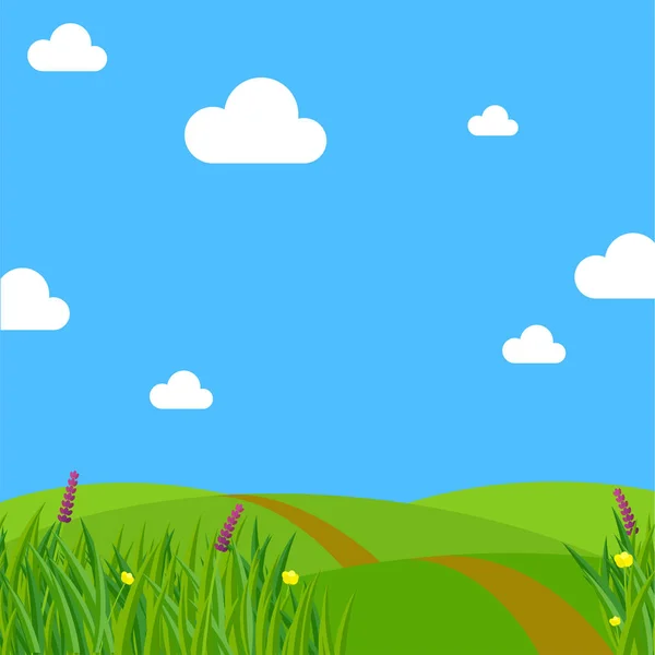 Spring meadow flowers, clear sky and clouds. — Stock Vector