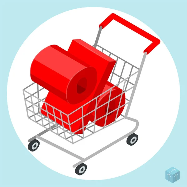 Carro de compras cargado de signo por ciento . — Vector de stock