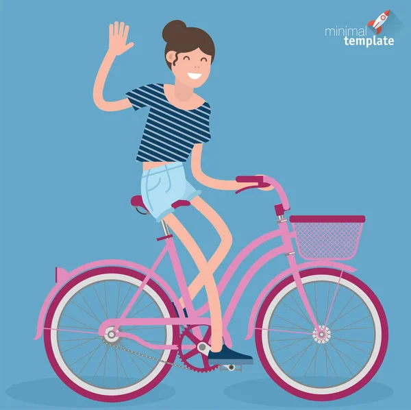 Flat design young women riding bicycle — Stock Vector