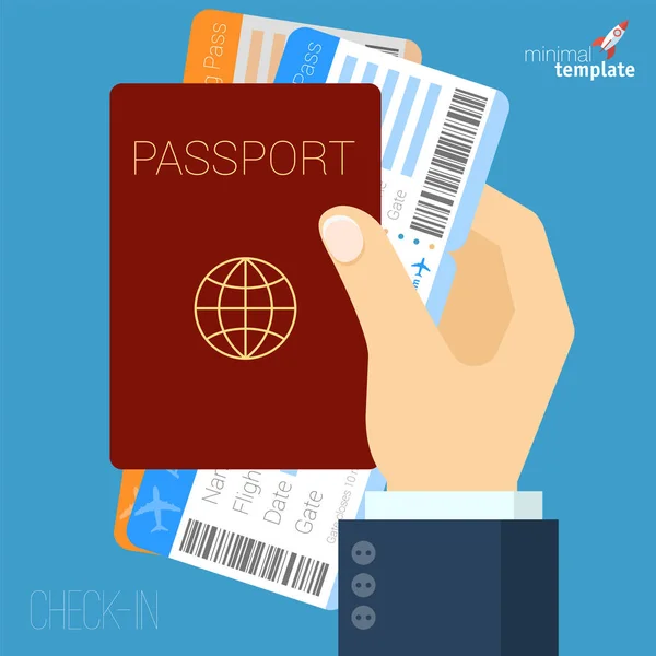 Mano con pasaporte y billetes de avión icono plano — Vector de stock