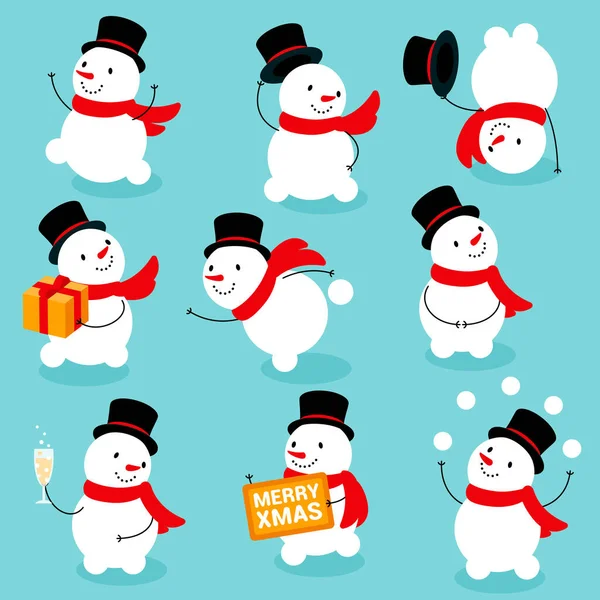 Des bonhommes de neige mignons et drôles. Modèle de cartes de Noël. illustrations vectorielles — Image vectorielle