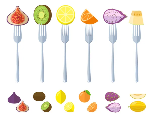 Fresh juisy raw fruits on forks — ストックベクタ