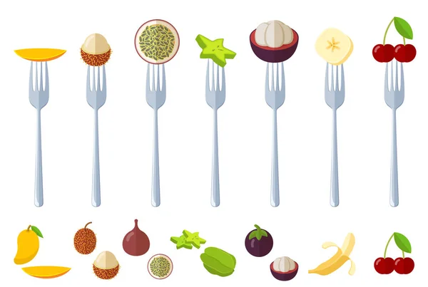 Fresh juisy raw fruits on the forks — ストックベクタ