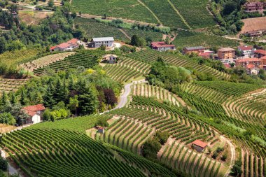 Evler ve Langhe yeşil tepeler.