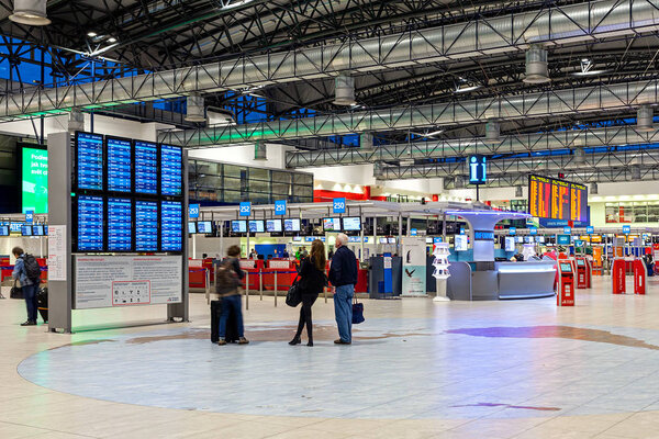 Departure hall at Vaclav Havel Airport in Prague.