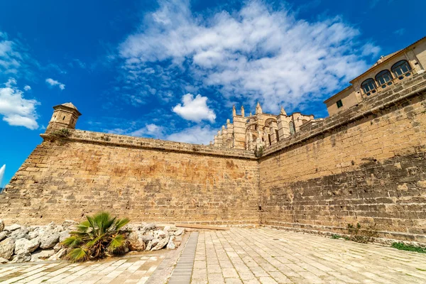 西班牙马略卡岛帕尔马蓝天下著名的圣玛利亚大教堂及其周围中世纪城墙 — 图库照片