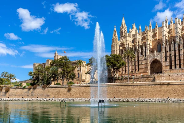 Fontein Kathedraal Van Palma Achtergrond Onder Blauwe Hemel Palma Mallorca — Stockfoto