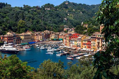 Portofino, İtalya 'da yatları ve renkli evleri olan küçük bir körfezden manzara.