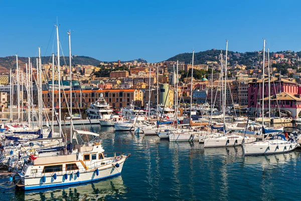 Yachts Bateaux Dans Marina Comme Ville Gênes Arrière Plan Sous — Photo
