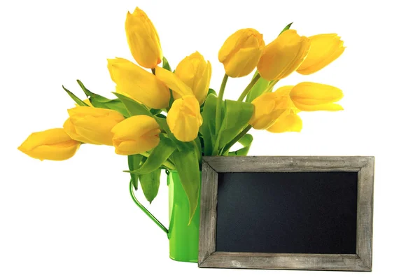 Tulips with blank Blackboard — Stock Photo, Image