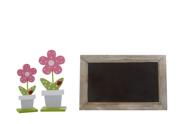 美丽的花朵和空白的黑板 — 图库照片