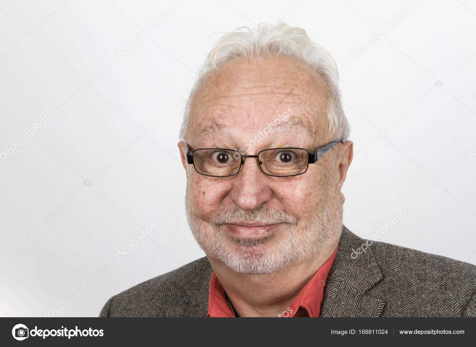 White Haired Senior Man With Glasses Smiling Happy Stock Photo