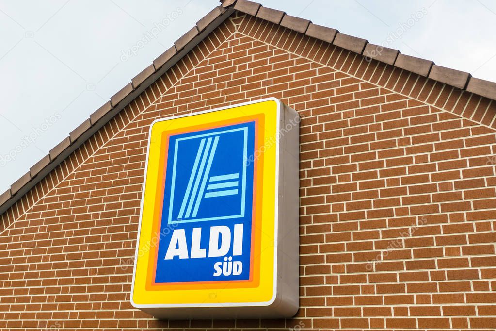 WETZLAR GERMANY JUNE, 2017: ALDI (south)supermarket chain sign. ALDI (south) is a German global discount supermarket chain, based in Mlheim an der Ruhr