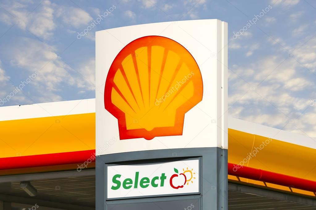 WETZLAR, GERMANY JULY 2017: SHELL sign in WETZLAR against blue sky. Shell Oil Company is US-based subsidiary of Royal Dutch Shell, a multinational oil company.