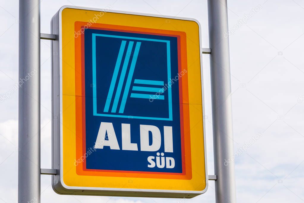HUETTENBERG, GERMANY MAY  2017: ALDI (south)supermarket chain sign. ALDI (south) is a German global discount supermarket chain, based in Mlheim an der Ruhr