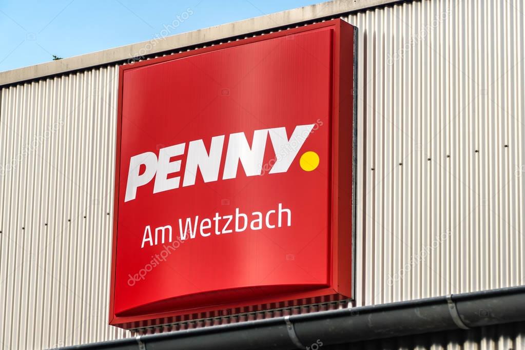 WETZLAR  GERMANY AUGUST, 2017: PENNY supermarket chain sign. PENNY is a GERMAN global discount supermarket chain, based in Koeln, Nordrhein-Westfalen, Germany