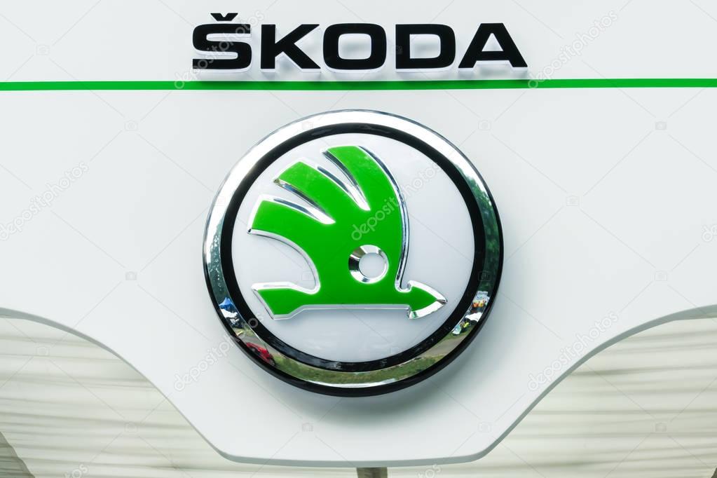 WETZLAR, GERMANY JULY, 2017: SKODA  logo on a  facade. SKODA is a famous czech car manufacturer.