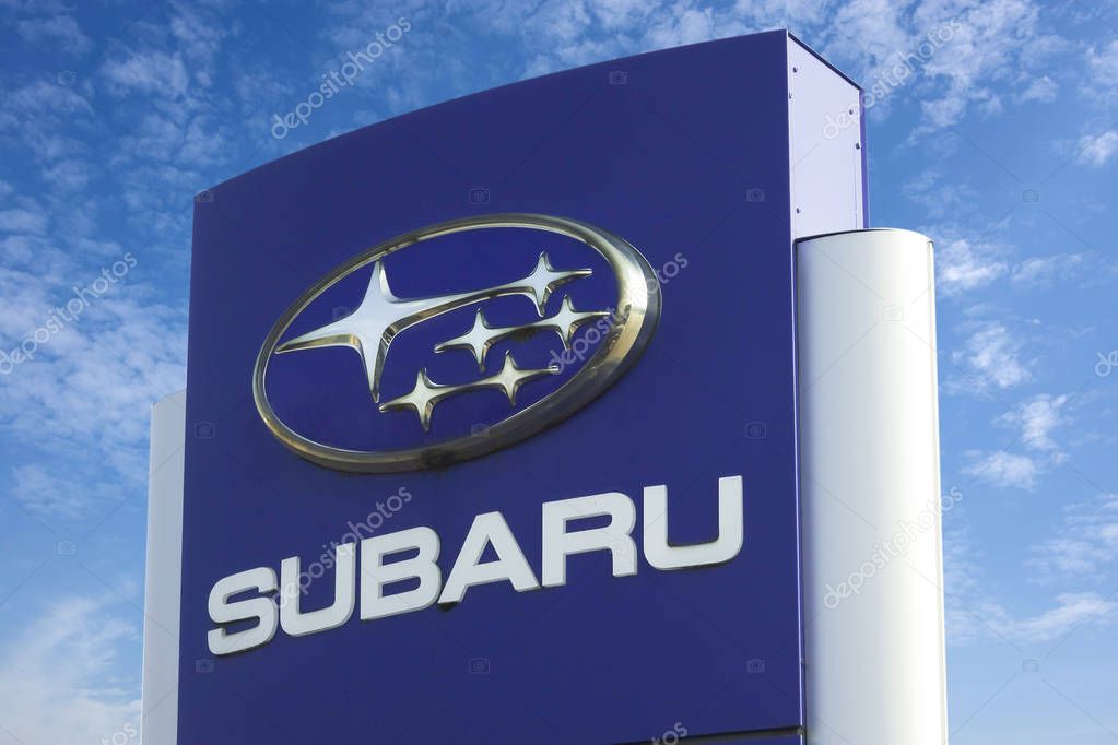 WETZLAR, GERMANY - MARCH 25: Subaru company logo on dealership building on March 25, 2018 in Wetzlar. Subaru admits it allowed unauthorised technicians to inspect vehicles.