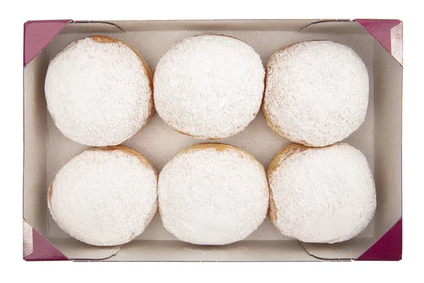 Caixa com seis donuts alemães — Fotografia de Stock