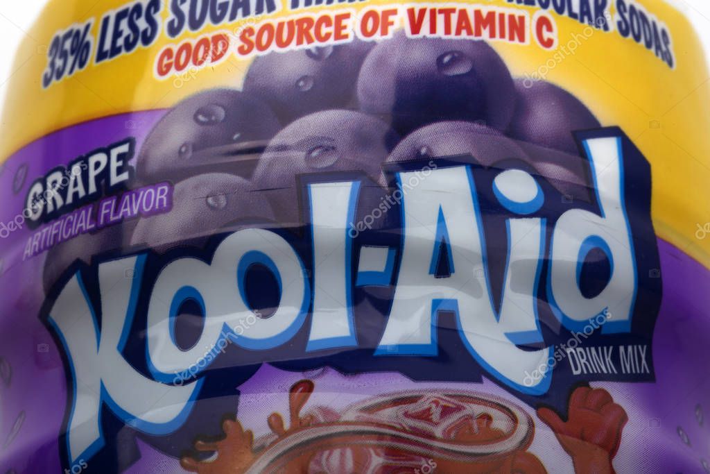 Huettenberg GERMANY - FEBRUARY  19 2020: Close up photo of a can of Koo Aid drink mix. Grape flavor.